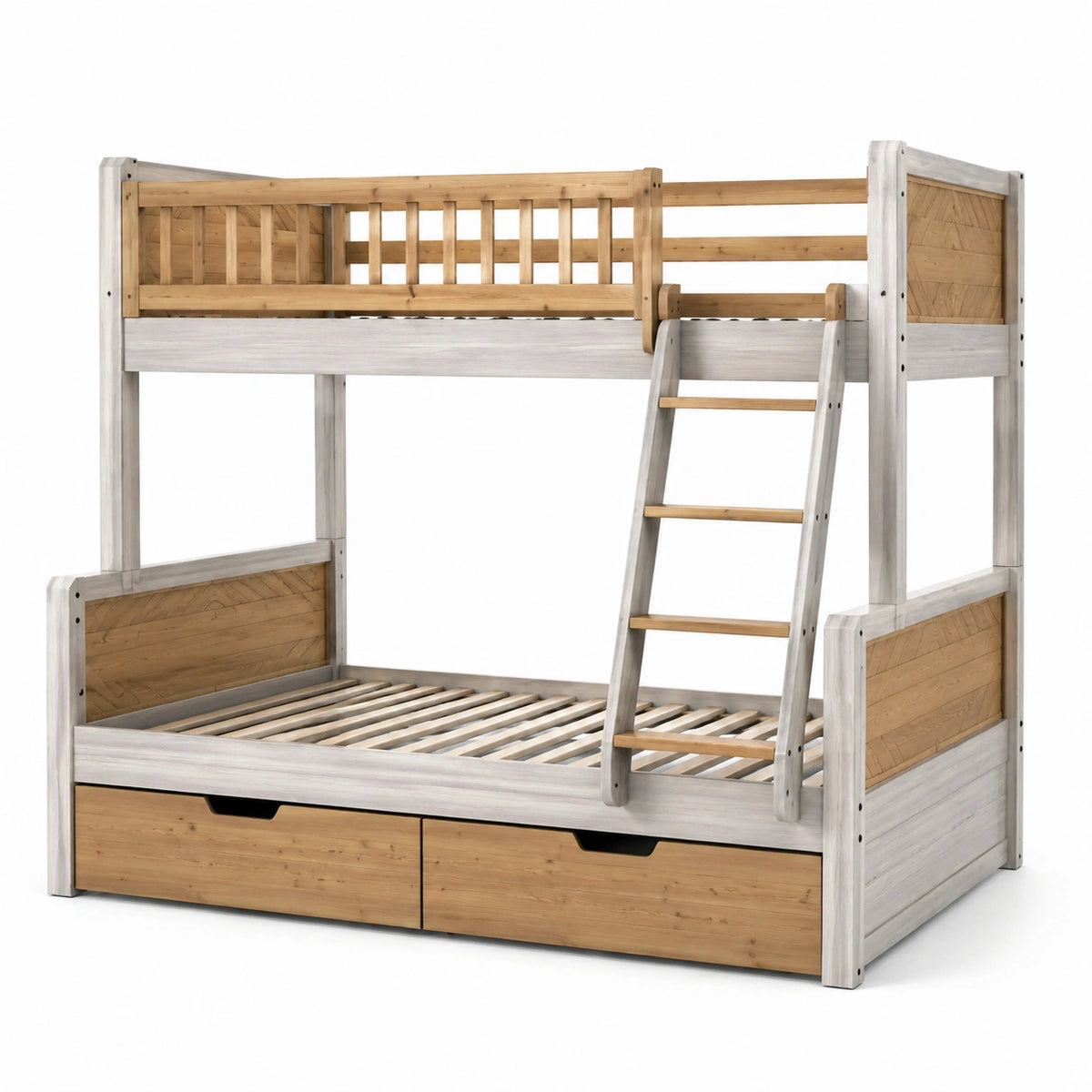 Lit superposé en bois massif blanc et bois clair avec échelle et tiroirs 200x140 cm
