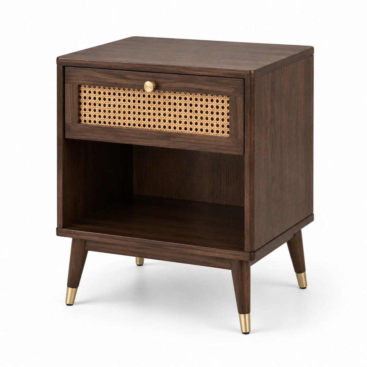 Table de chevet en bois et rotin avec pieds dorés