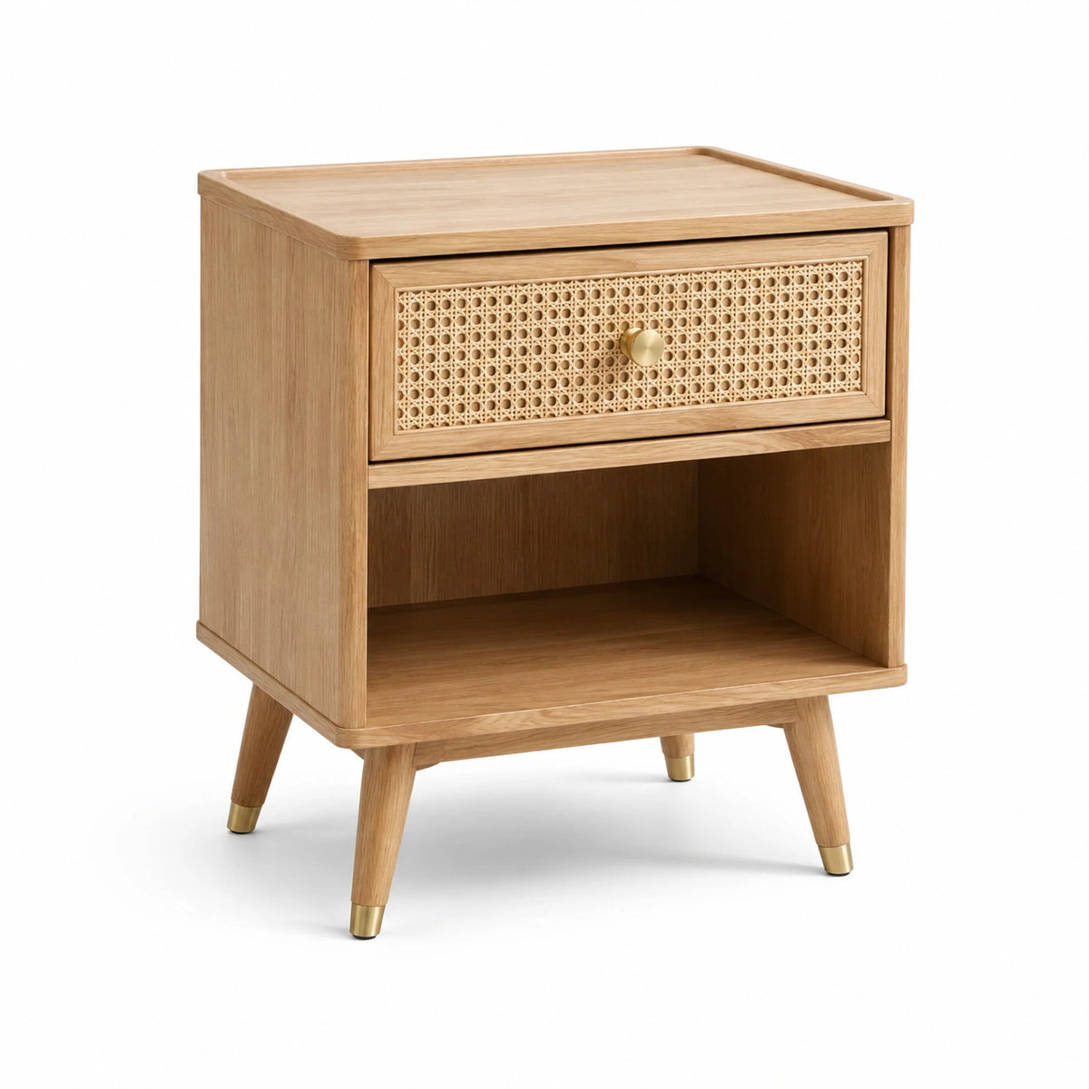 Table de chevet en bois de chêne et rotin avec tiroir