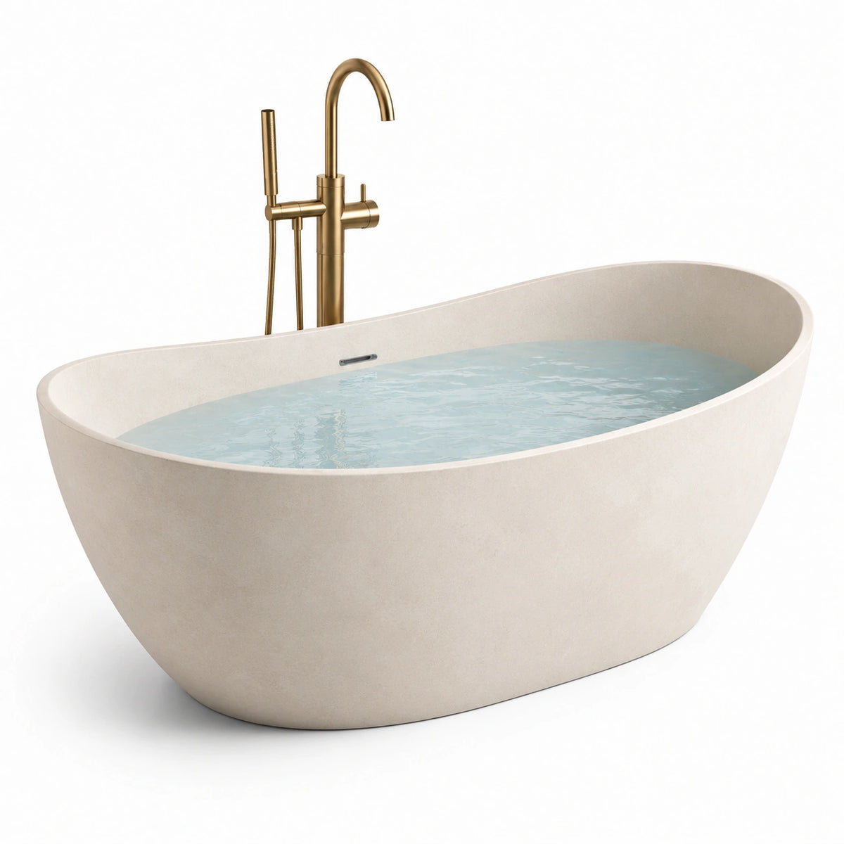 Baignoire îlot ovale en composite blanc avec robinet en laiton