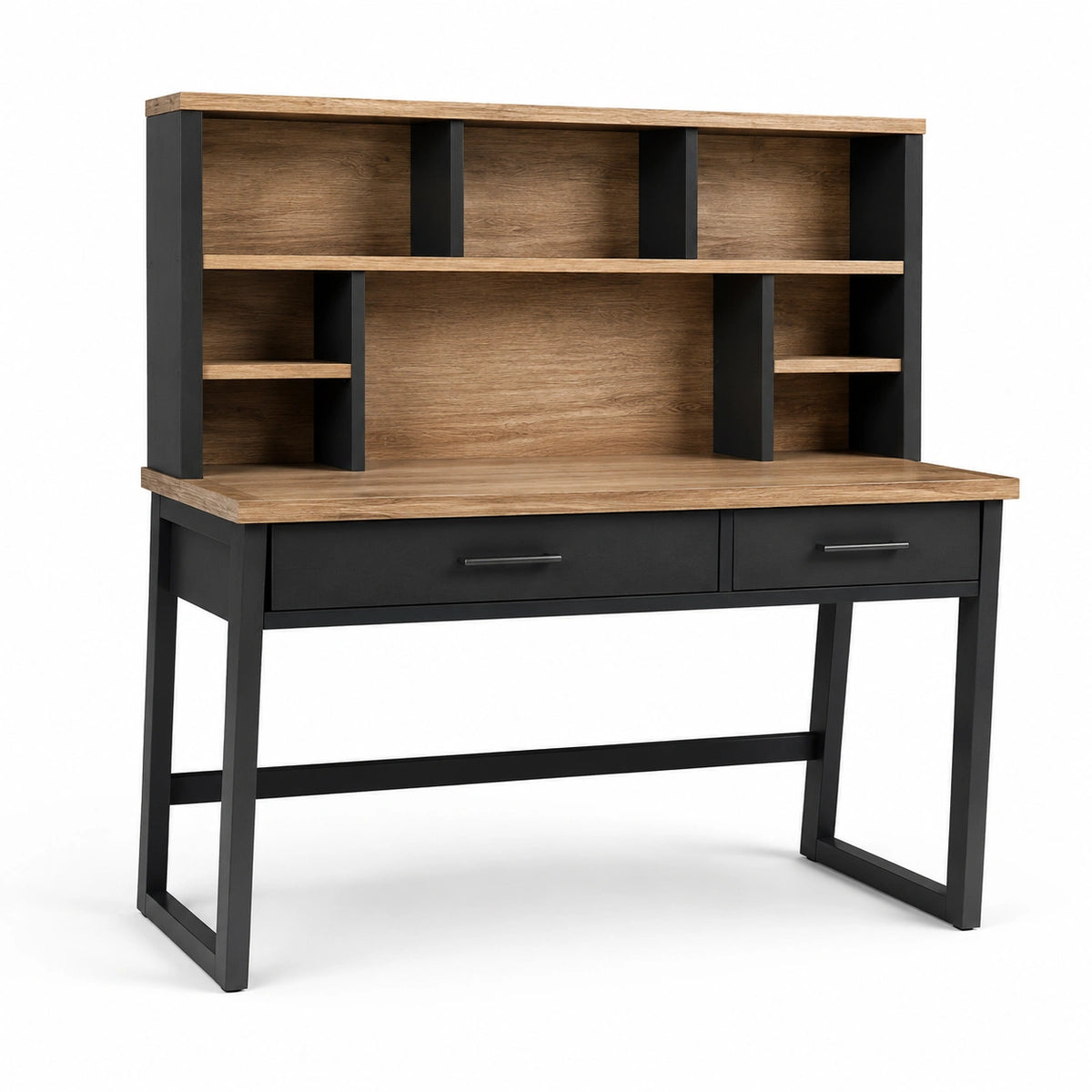 Bureau en bois et métal avec étagères intégrées