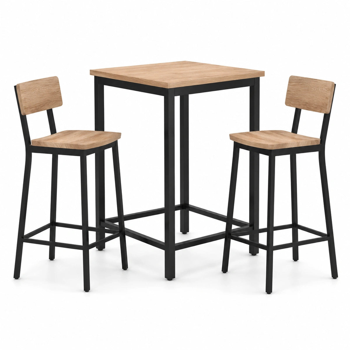 Ensemble table haute carrée avec tabourets en bois et métal