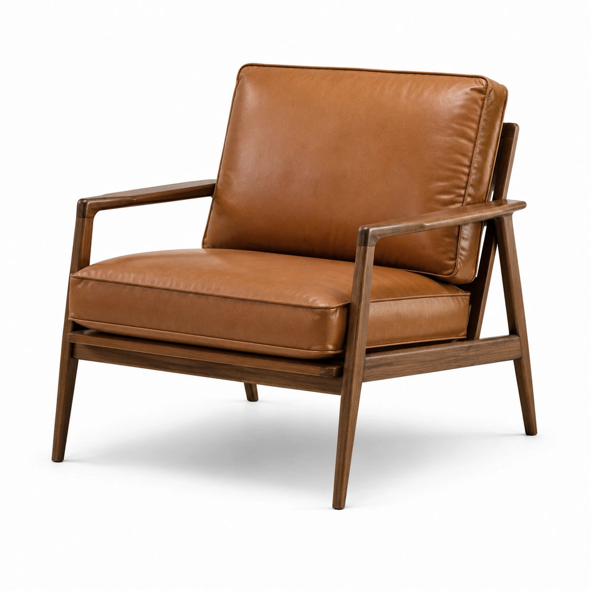 Fauteuil en cuir marron avec structure en bois de noyer