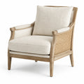 Fauteuil en bois de chêne et rotin avec tissu lin beige