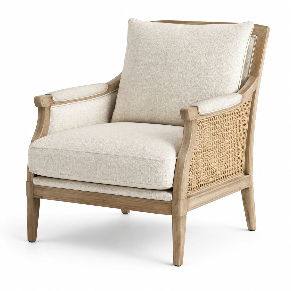Fauteuil en bois de chêne et rotin avec tissu lin beige
