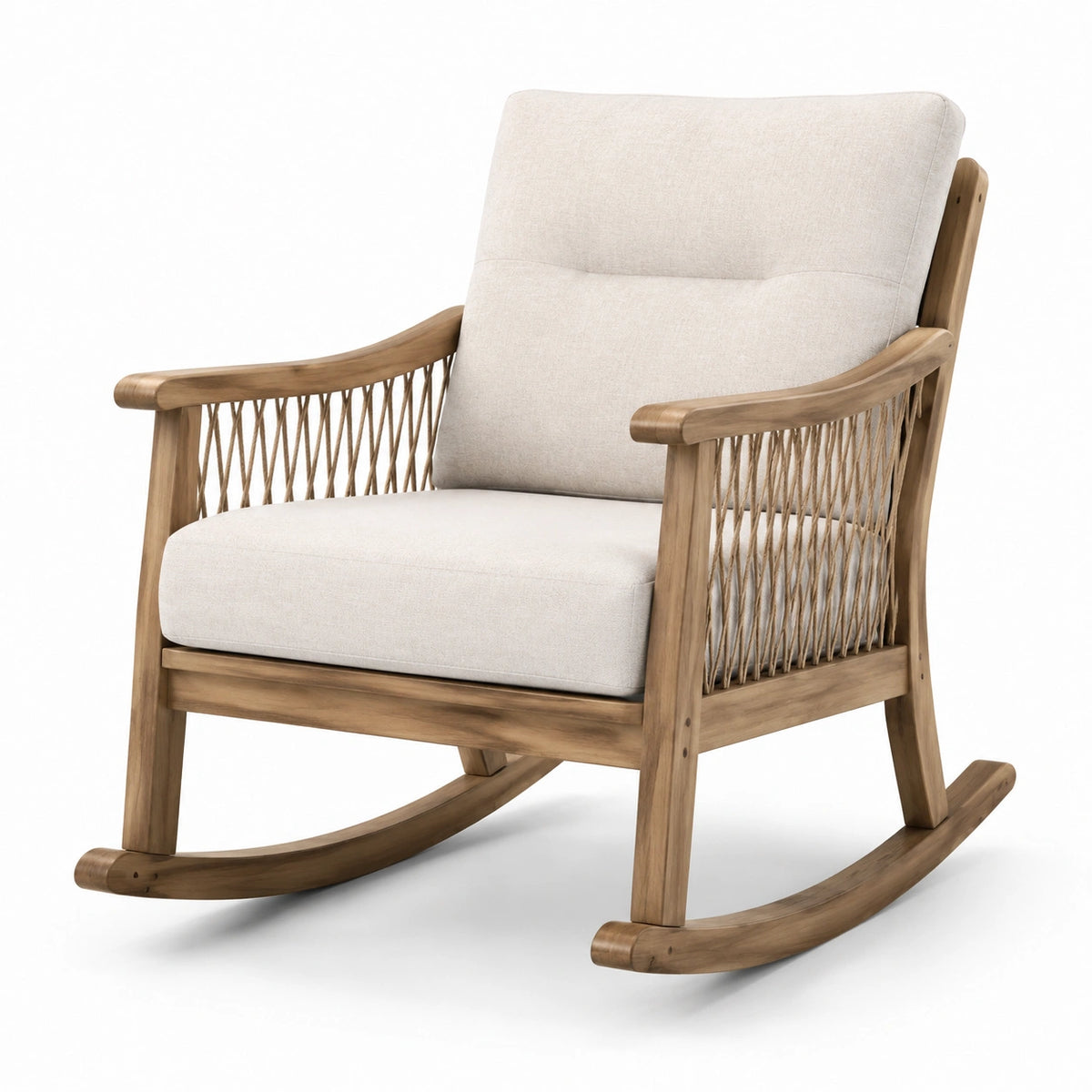 Fauteuil à bascule en bois d'acacia et lin beige