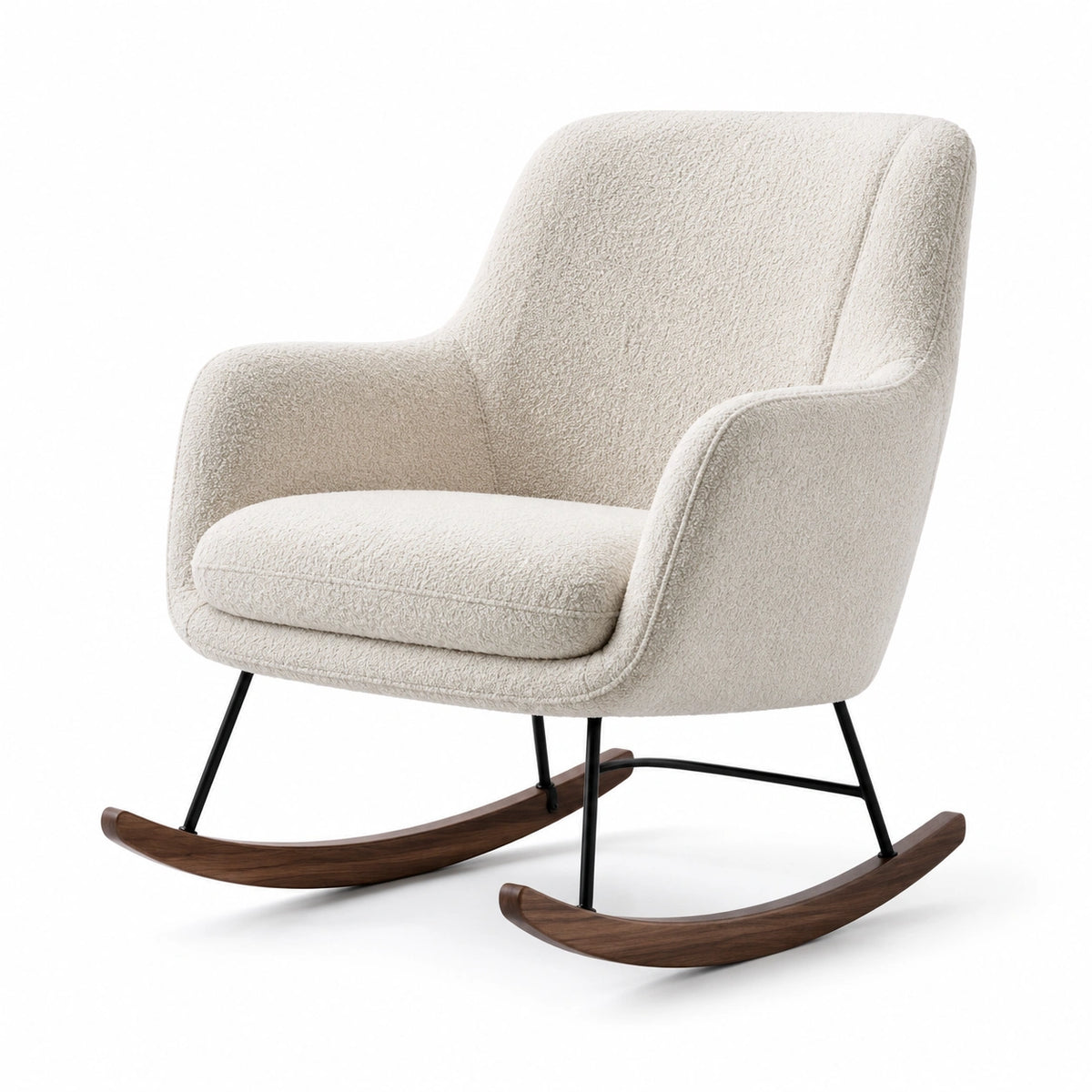Fauteuil à bascule en bouclé beige avec base en métal et bois