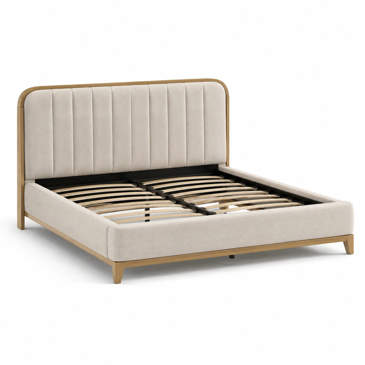 Lit double en bois avec revêtement en tissu beige 140x200 cm