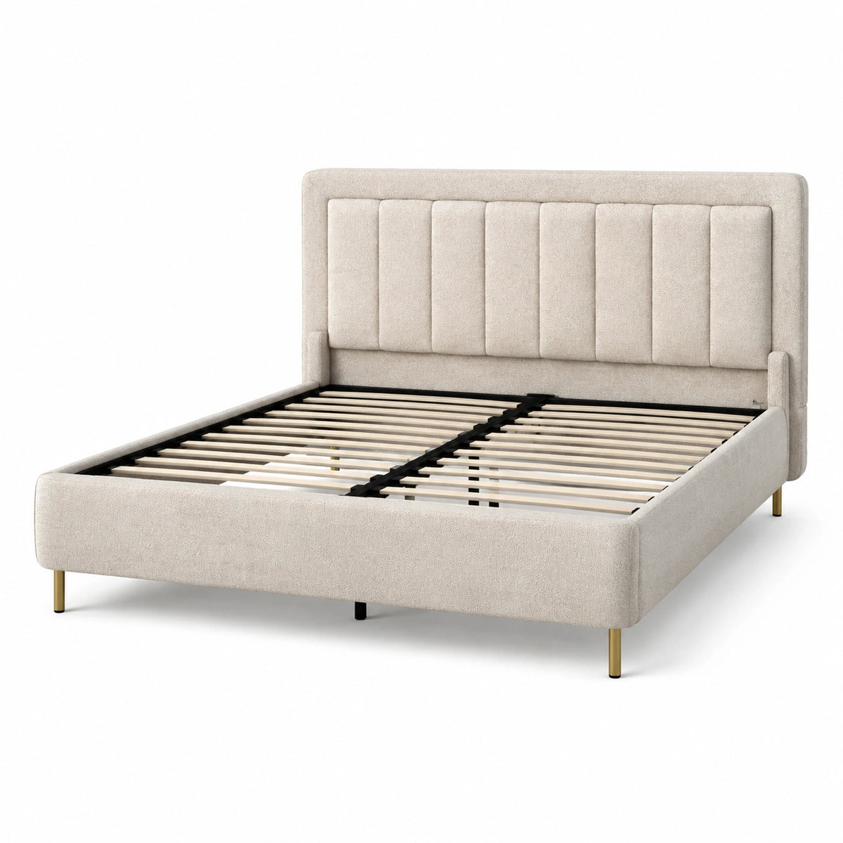 Lit en tissu en bois et acier beige 160x200 cm